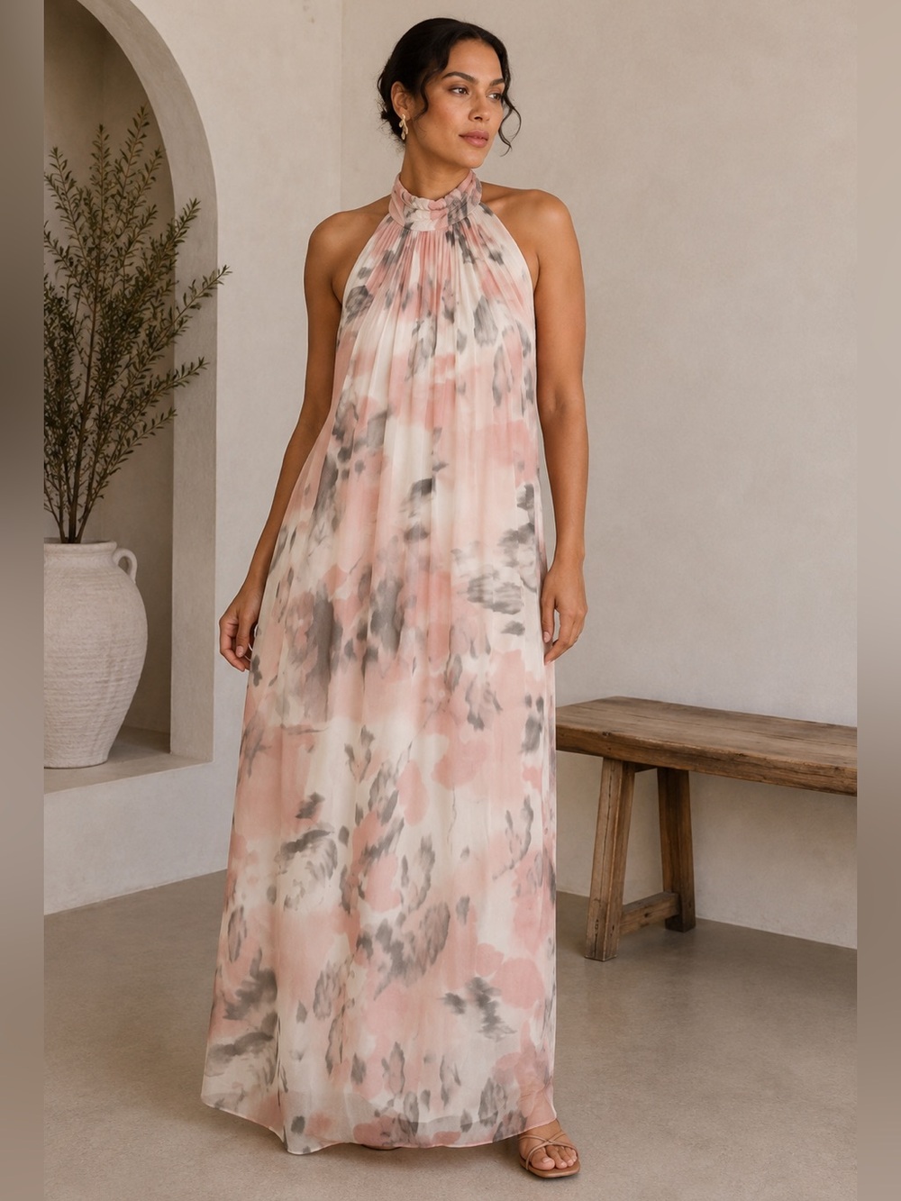ANTHROPOLOGIE Maeve Sheer Printed Halter Maxi Dress Open Back Size 1X NEW
